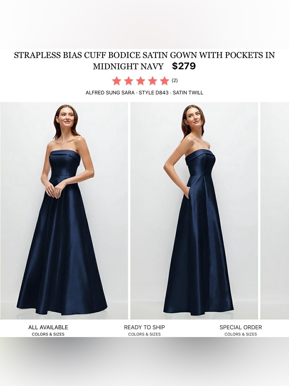 ALFRED SUNG Strapless Satin Gown in Navy